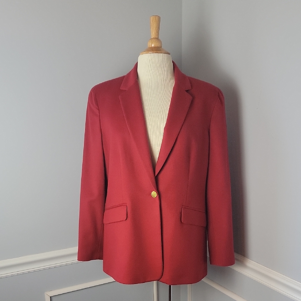 LANDS' END Red Wool Cashmere Blend Gold Tone Single Button Holiday Blazer 12P